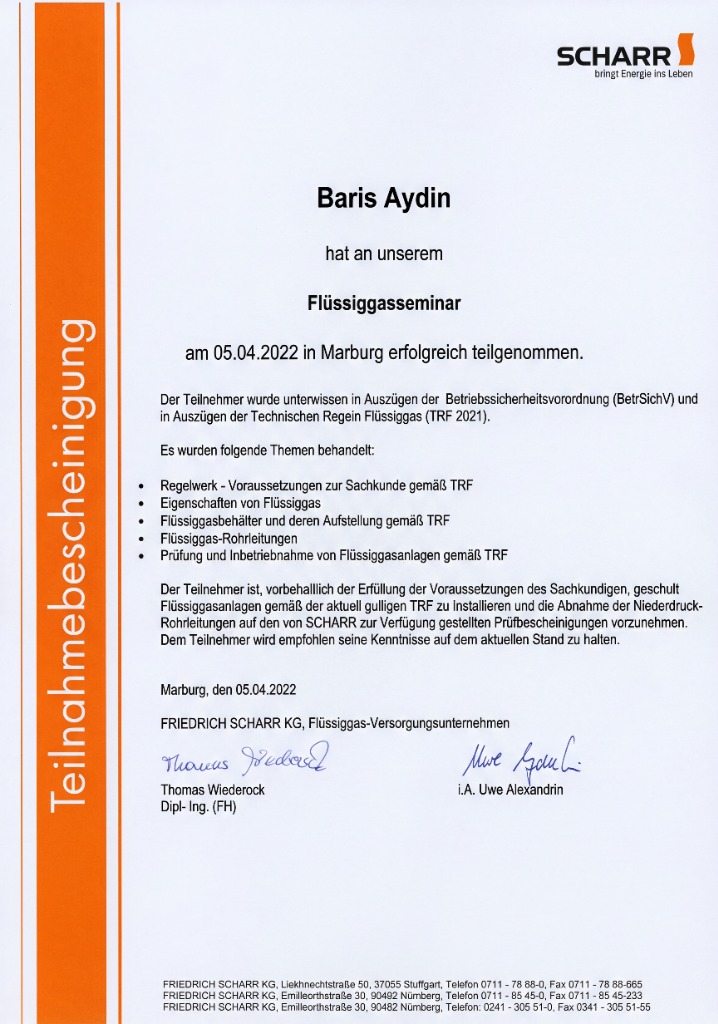 Teilnahmebescheinigung Flüssiggasseminar