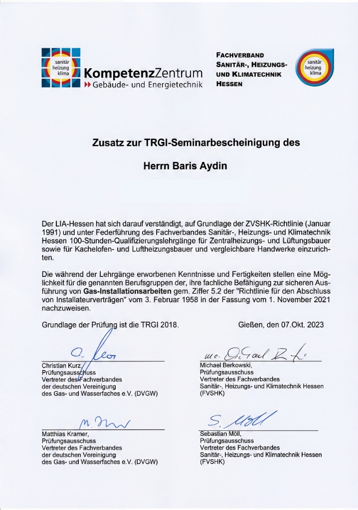 Zusatz zur TRGI-Seminarbescheinigung